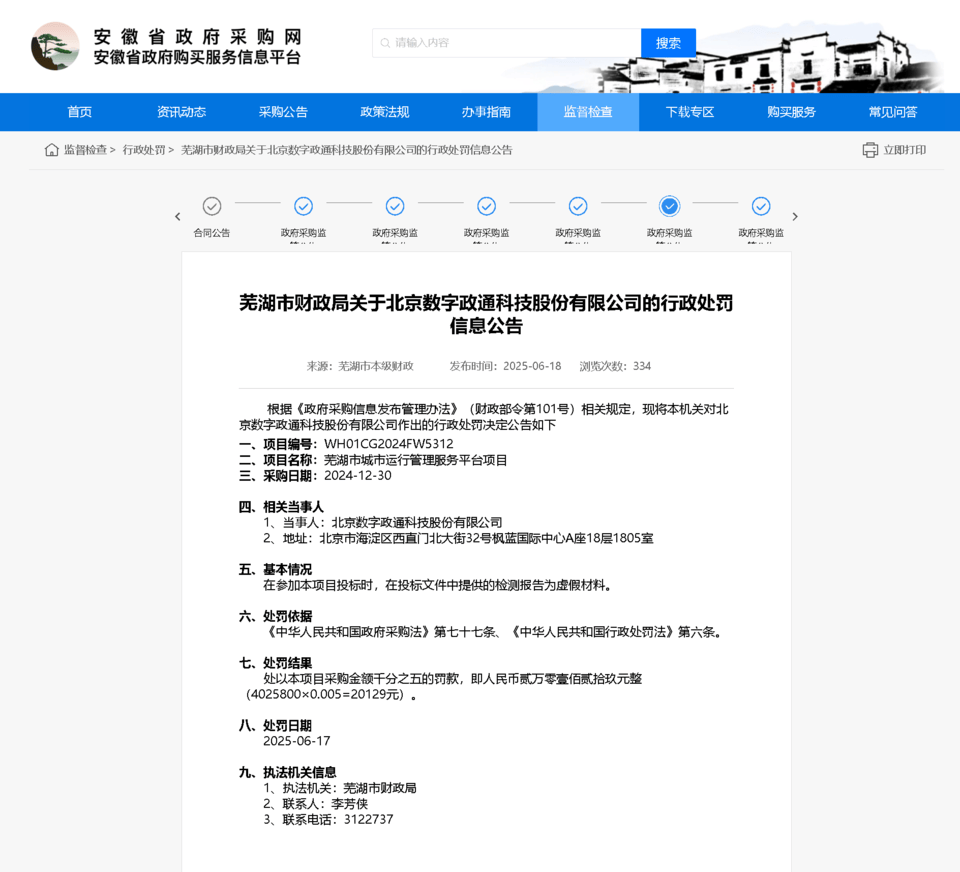 數(shù)字政通因虛假檢測(cè)報(bào)告問(wèn)題被罰！:檢測(cè)報(bào)告