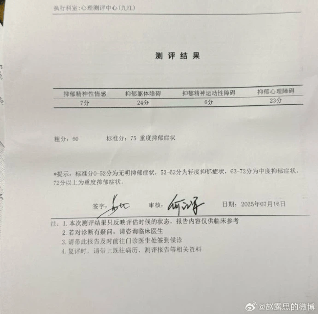趙露思曬出的抑郁癥檢測(cè)報(bào)告 意味著什么？:檢測(cè)報(bào)告